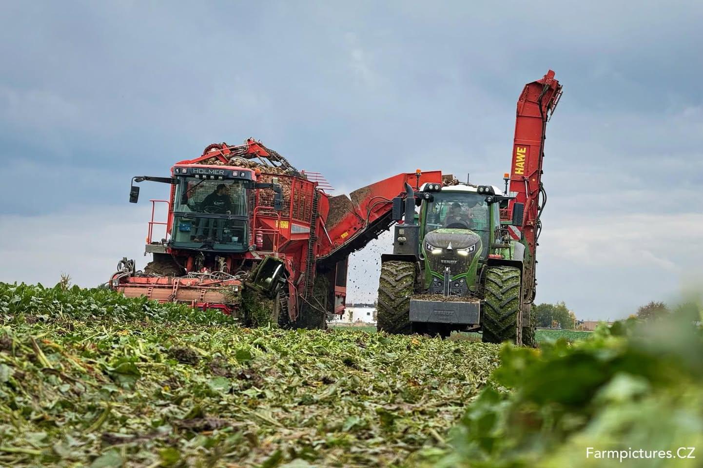 Sklízeč Holmer a traktor Fendt s návěsem jedou vedle sebe po poli.